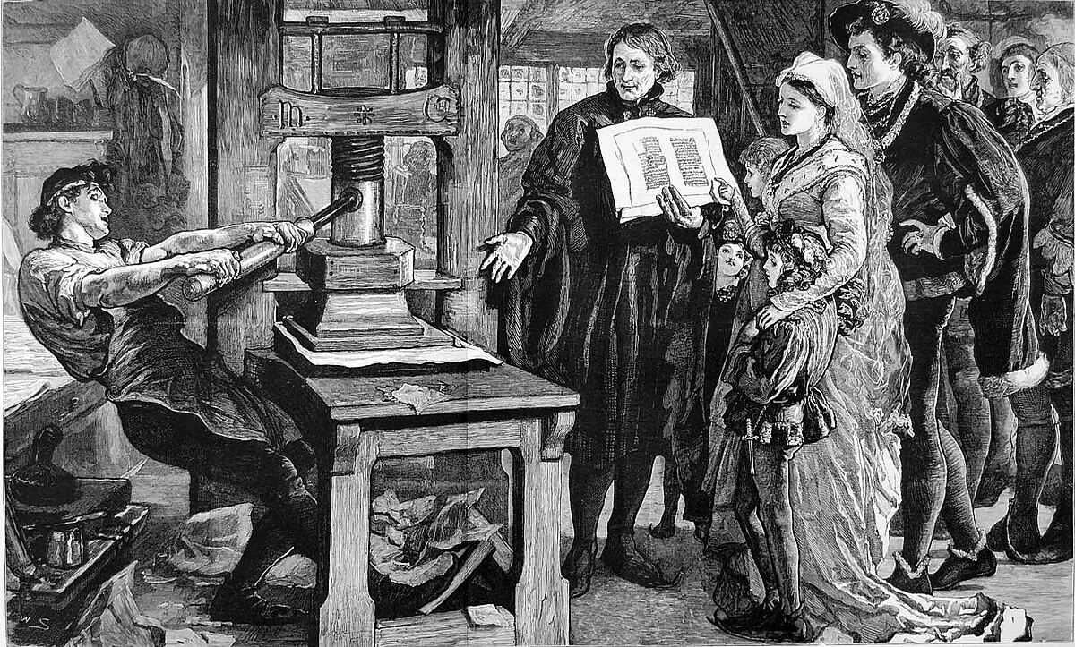 This is a black and white wood cut image of a worker manually operating a printing press and showing it to a fancily-dressed royal family circa 1877.
